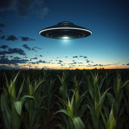 A UFO hovering above a cornfield at twilight, with rows of tall corn plants swaying gently in the breeze