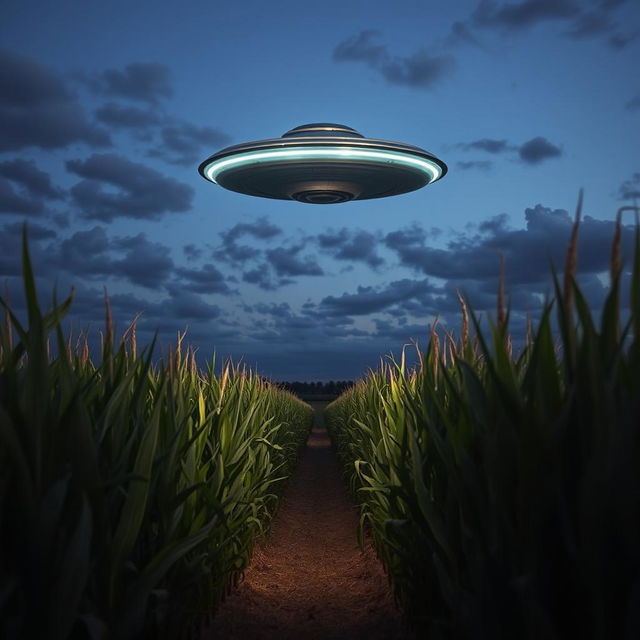 A UFO hovering above a cornfield at twilight, with rows of tall corn plants swaying gently in the breeze