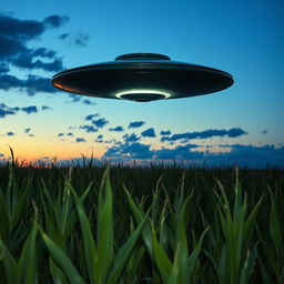 A UFO hovering above a cornfield at twilight, with rows of tall corn plants swaying gently in the breeze