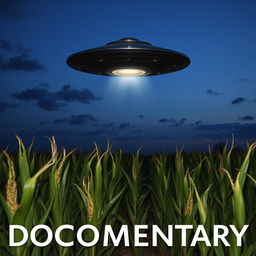 A UFO hovering above a cornfield at twilight, with rows of tall corn plants swaying gently in the breeze