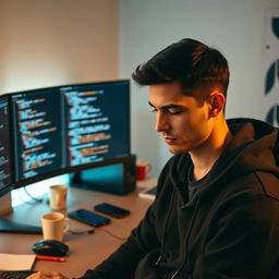 A male web developer looking down, wearing a stylish black hoodie, surrounded by a modern workspace featuring dual monitors with lines of code displayed, a comfortable office chair, and a few tech gadgets on the desk