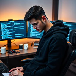 A male web developer looking down, wearing a stylish black hoodie, surrounded by a modern workspace featuring dual monitors with lines of code displayed, a comfortable office chair, and a few tech gadgets on the desk