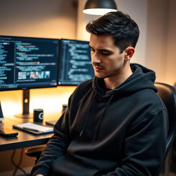 A male web developer looking down, wearing a stylish black hoodie, surrounded by a modern workspace featuring dual monitors with lines of code displayed, a comfortable office chair, and a few tech gadgets on the desk