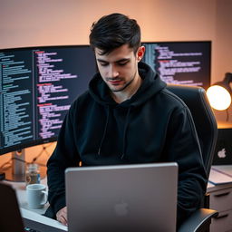 A male web developer looking down, wearing a stylish black hoodie, surrounded by a modern workspace featuring dual monitors with lines of code displayed, a comfortable office chair, and a few tech gadgets on the desk