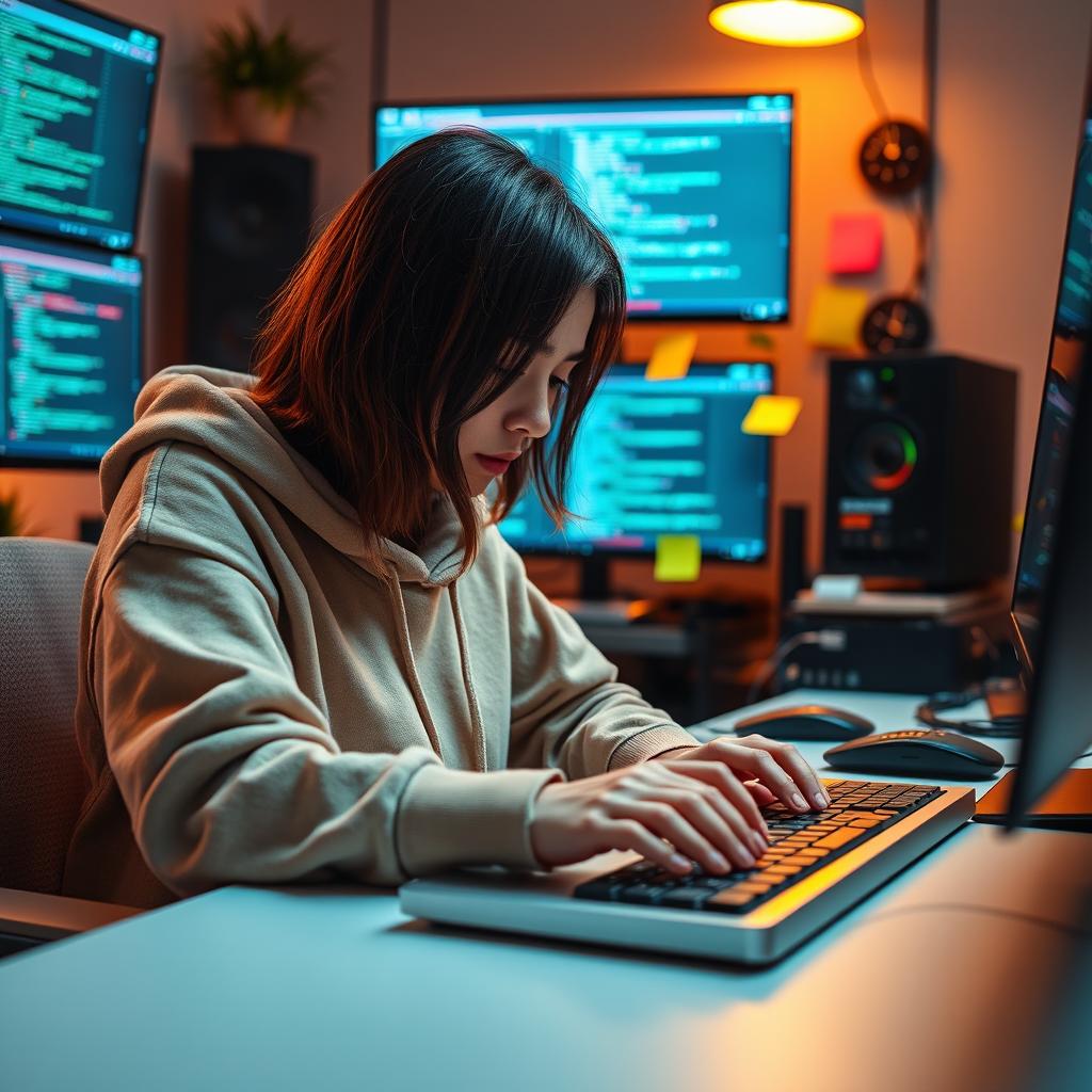 A front view of a female web developer sitting at her desk, focusing intently on her keyboard as she types