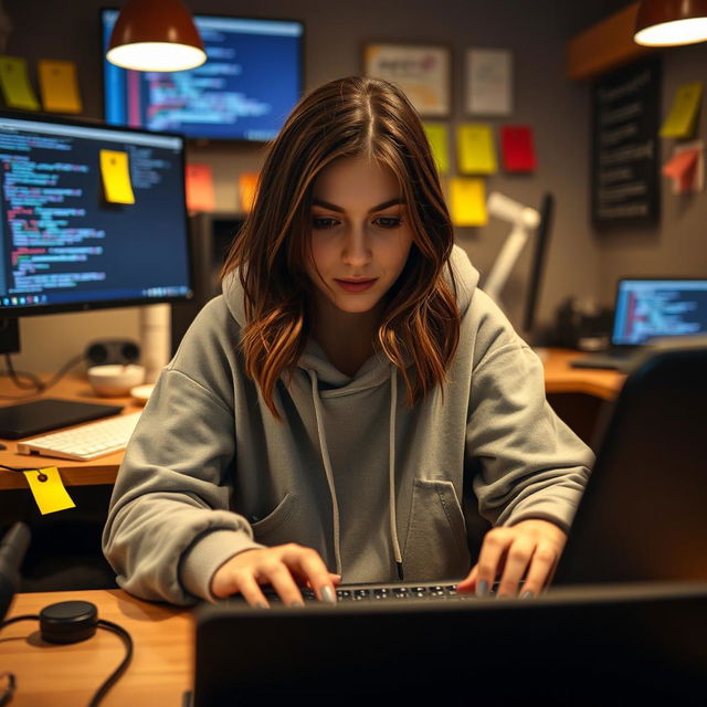 A front view of a female web developer sitting at her desk, focusing intently on her keyboard as she types