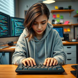 A front view of a female web developer sitting at her desk, focusing intently on her keyboard as she types