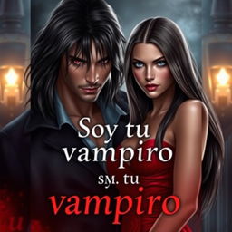A book cover design titled 'Soy tu vampiro', featuring a striking scene with a handsome vampire male character