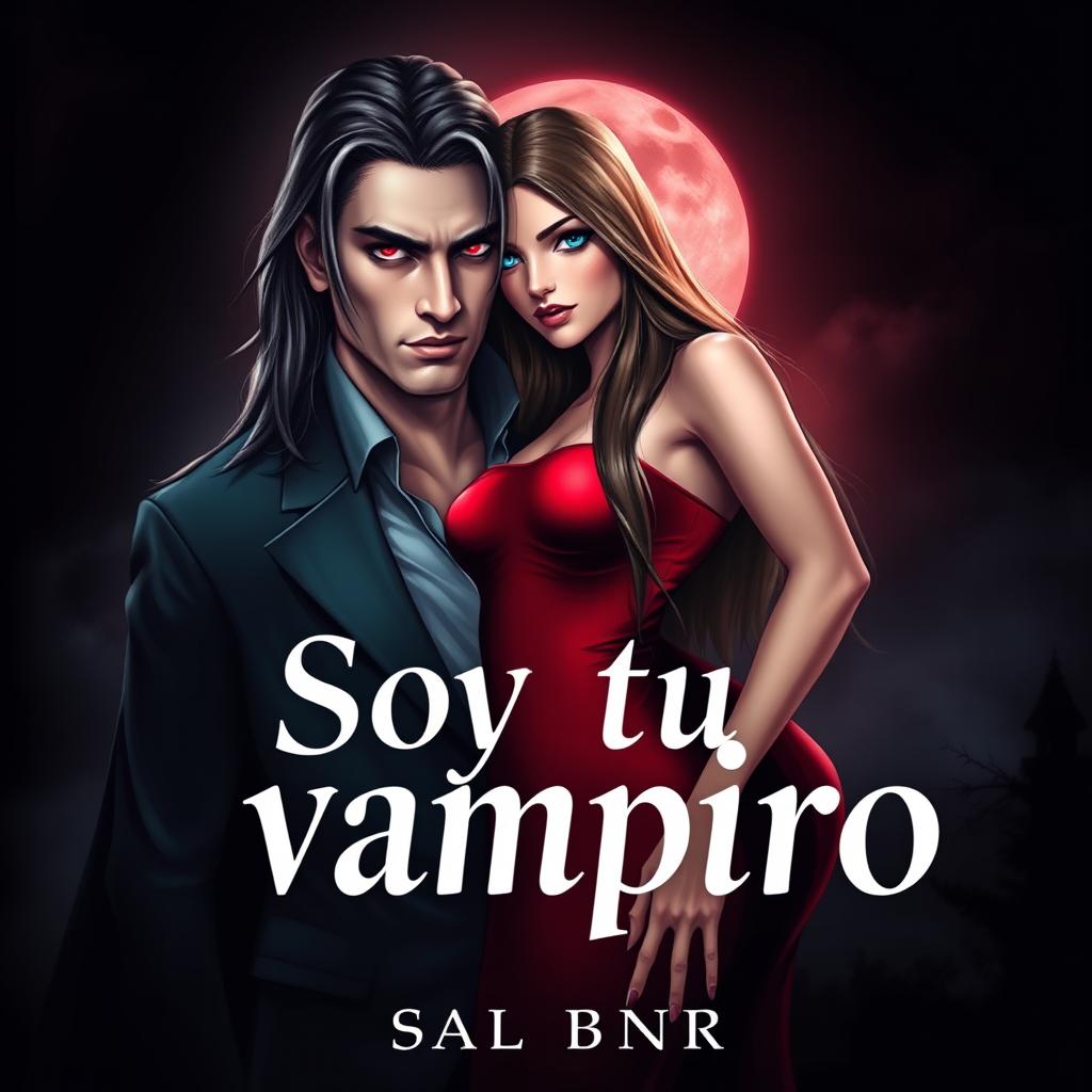 A book cover design titled 'Soy tu vampiro', featuring a striking scene with a handsome vampire male character