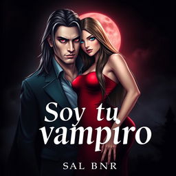 A book cover design titled 'Soy tu vampiro', featuring a striking scene with a handsome vampire male character