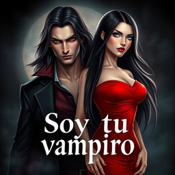 A book cover design titled 'Soy tu vampiro', featuring a striking scene with a handsome vampire male character