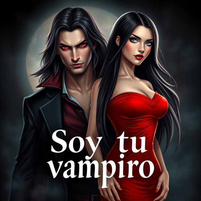 A book cover design titled 'Soy tu vampiro', featuring a striking scene with a handsome vampire male character