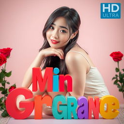 A beautiful Asian woman posing gracefully, looking charming and intimate as she sits sideways, glancing at the camera with a soft and cute smile