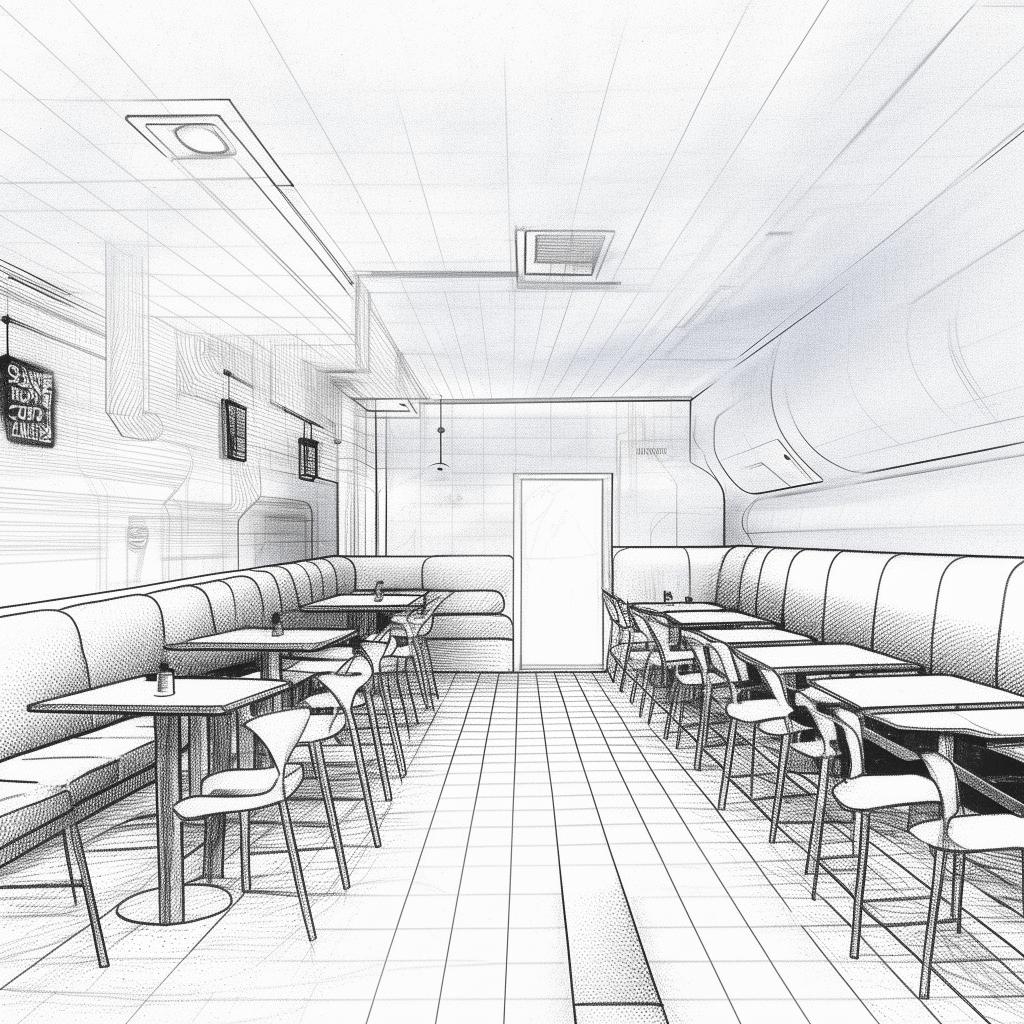 Sketch-style interior illustration of a minimalist, futuristic restaurant. Upon entering, you are greeted by a futuristic counter on the right and six dining tables on the left, arranged in pairs. A sofa is up against the direct wall, and there's a door to the right of that wall.