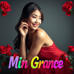 A beautiful Asian woman in an elegant and intimate side-sitting pose, playfully glancing at the camera with a soft, cute smile