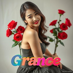 A beautiful Asian woman in an elegant and intimate side-sitting pose, playfully glancing at the camera with a soft, cute smile