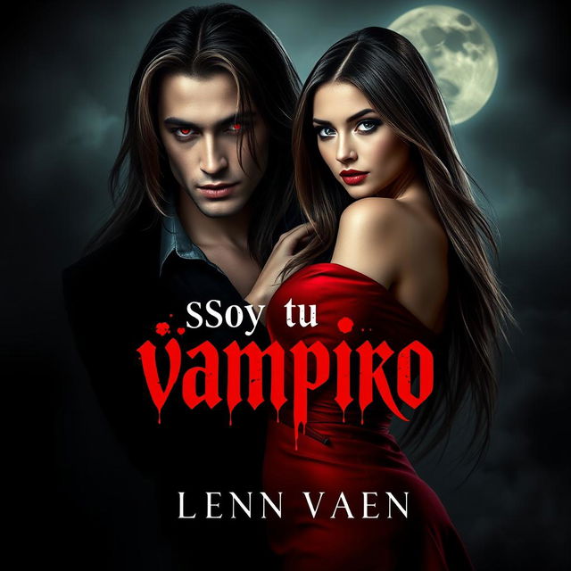 A book cover design titled 'Soy tu vampiro', featuring a striking scene with a handsome male vampire character, characterized by his long hair and piercing red eyes, reflecting a classic vampire appearance with subtle fangs visible