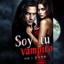 A book cover design titled 'Soy tu vampiro', featuring a striking scene with a handsome male vampire character, characterized by his long hair and piercing red eyes, reflecting a classic vampire appearance with subtle fangs visible