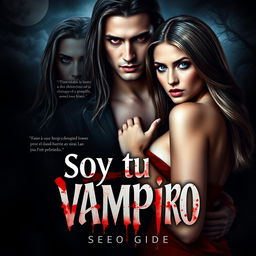 A book cover design titled 'Soy tu vampiro', featuring a striking scene with a handsome male vampire character, characterized by his long hair and piercing red eyes, reflecting a classic vampire appearance with subtle fangs visible