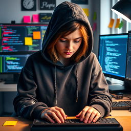 A front view of a female web developer sitting at her desk, looking down at her keyboard with a focused expression