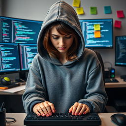 A front view of a female web developer sitting at her desk, looking down at her keyboard with a focused expression