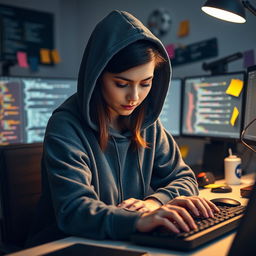 A front view of a female web developer sitting at her desk, looking down at her keyboard with a focused expression