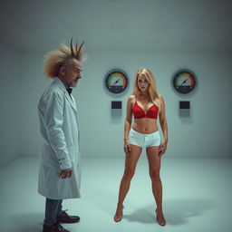 An intense and intriguing scene showcasing a crazy scientist, depicted with wild hair and eccentric attire, observing a beautiful, curvy 18-year-old blonde girl