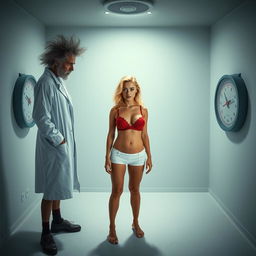 An intense and intriguing scene showcasing a crazy scientist, depicted with wild hair and eccentric attire, observing a beautiful, curvy 18-year-old blonde girl