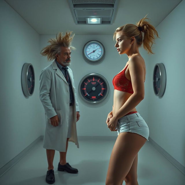 An intense and intriguing scene showcasing a crazy scientist, depicted with wild hair and eccentric attire, observing a beautiful, curvy 18-year-old blonde girl