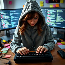 A front view of a female web developer sitting at her desk, intently looking down at her keyboard