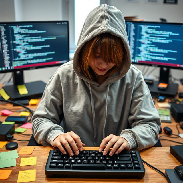 A front view of a female web developer sitting at her desk, intently looking down at her keyboard