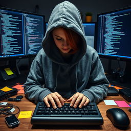 A front view of a female web developer sitting at her desk, intently looking down at her keyboard