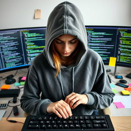 A front view of a female web developer sitting at her desk, intently looking down at her keyboard