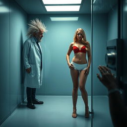 An intense scene featuring a crazy scientist with wild hair and a lab coat, peering into a large empty isolation room