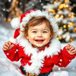 A joyful and cute beauty child wearing a colorful Santa outfit, playfully enjoying a winter wonderland scene filled with soft, fluffy snow