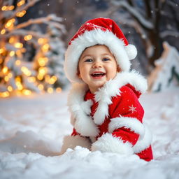 A joyful and cute beauty child wearing a colorful Santa outfit, playfully enjoying a winter wonderland scene filled with soft, fluffy snow