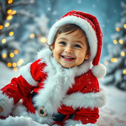 A joyful and cute beauty child wearing a colorful Santa outfit, playfully enjoying a winter wonderland scene filled with soft, fluffy snow