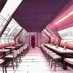 Sketch-style interior illustration of a minimalist, futuristic restaurant. Upon entering, you are greeted by a futuristic counter on the right and six dining tables on the left, arranged in pairs. A sofa is up against the direct wall, and there's a door to the right of that wall.