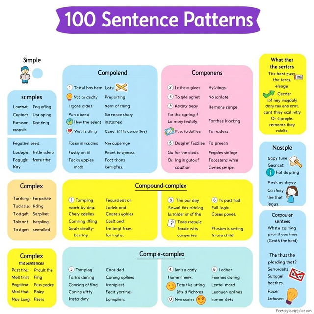 A visually engaging educational poster titled '100 Sentence Patterns', showcasing various sentence structures in an organized and colorful layout