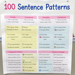 A visually engaging educational poster titled '100 Sentence Patterns', showcasing various sentence structures in an organized and colorful layout