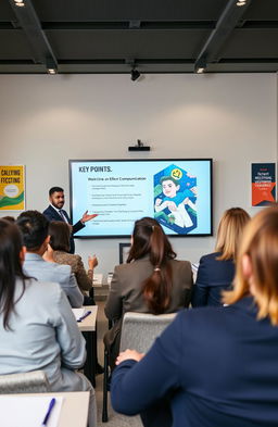 A professional setting showcasing a diverse group of individuals engaged in a presentation skills workshop