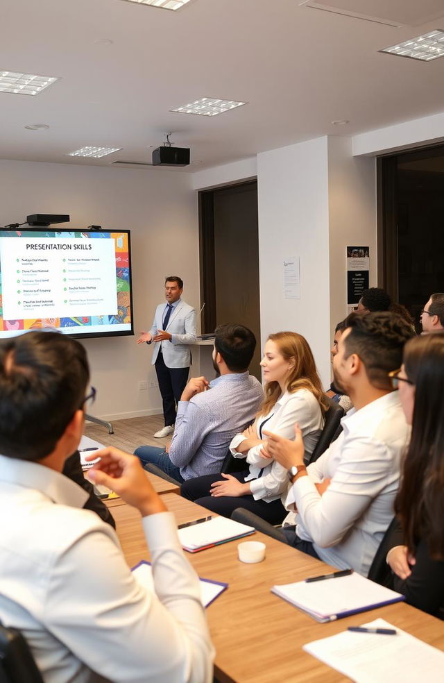 A professional setting showcasing a diverse group of individuals engaged in a presentation skills workshop