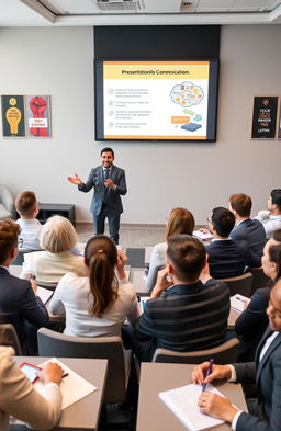 A professional setting showcasing a diverse group of individuals engaged in a presentation skills workshop