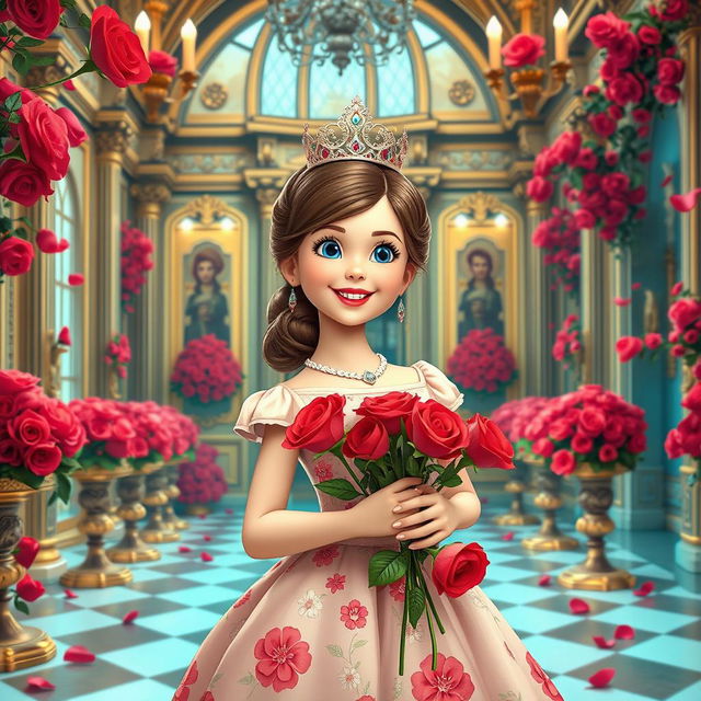 A whimsical royal poster featuring a young princess who adores roses