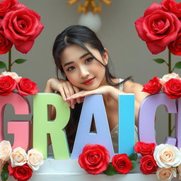 A beautiful Korean woman posing gracefully and attractively, with her chin resting on large uppercase letters that spell out 'GRACE'