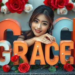 A beautiful Korean woman posing gracefully and attractively, with her chin resting on large uppercase letters that spell out 'GRACE'