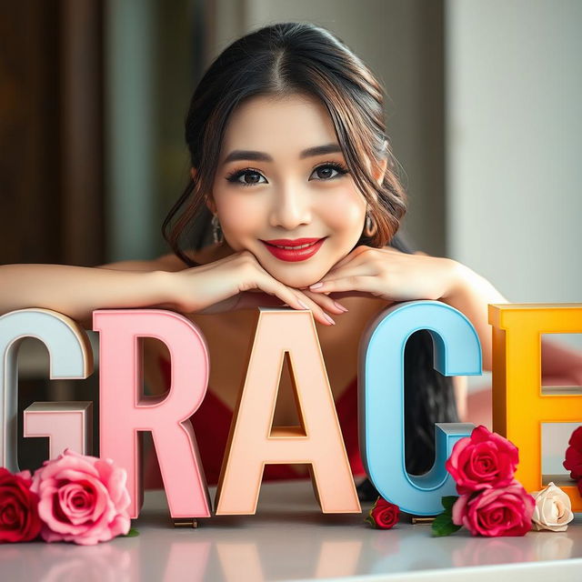 A beautiful Korean woman posing gracefully and attractively, with her chin resting on large uppercase letters that spell out 'GRACE'