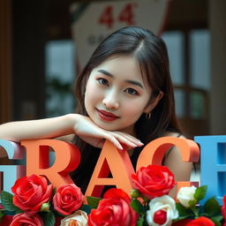 A beautiful Korean woman posing gracefully and attractively, with her chin resting on large uppercase letters that spell out 'GRACE'