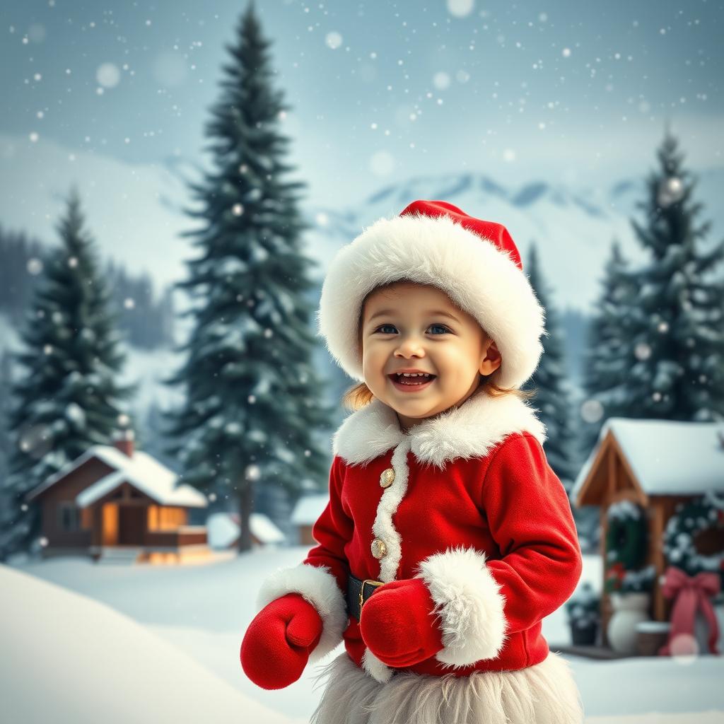 A joyful and cute beauty child wearing a traditional Santa outfit, walking through a picturesque winter wonderland filled with gently falling snow