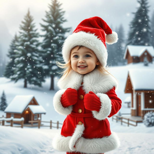 A joyful and cute beauty child wearing a traditional Santa outfit, walking through a picturesque winter wonderland filled with gently falling snow